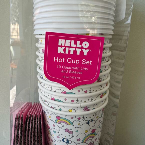 Hello Kitty Sanrio Hot Cups Set of 10 Cups with Lids and Sleeves Rainbow Clouds - Picture 2 of 9